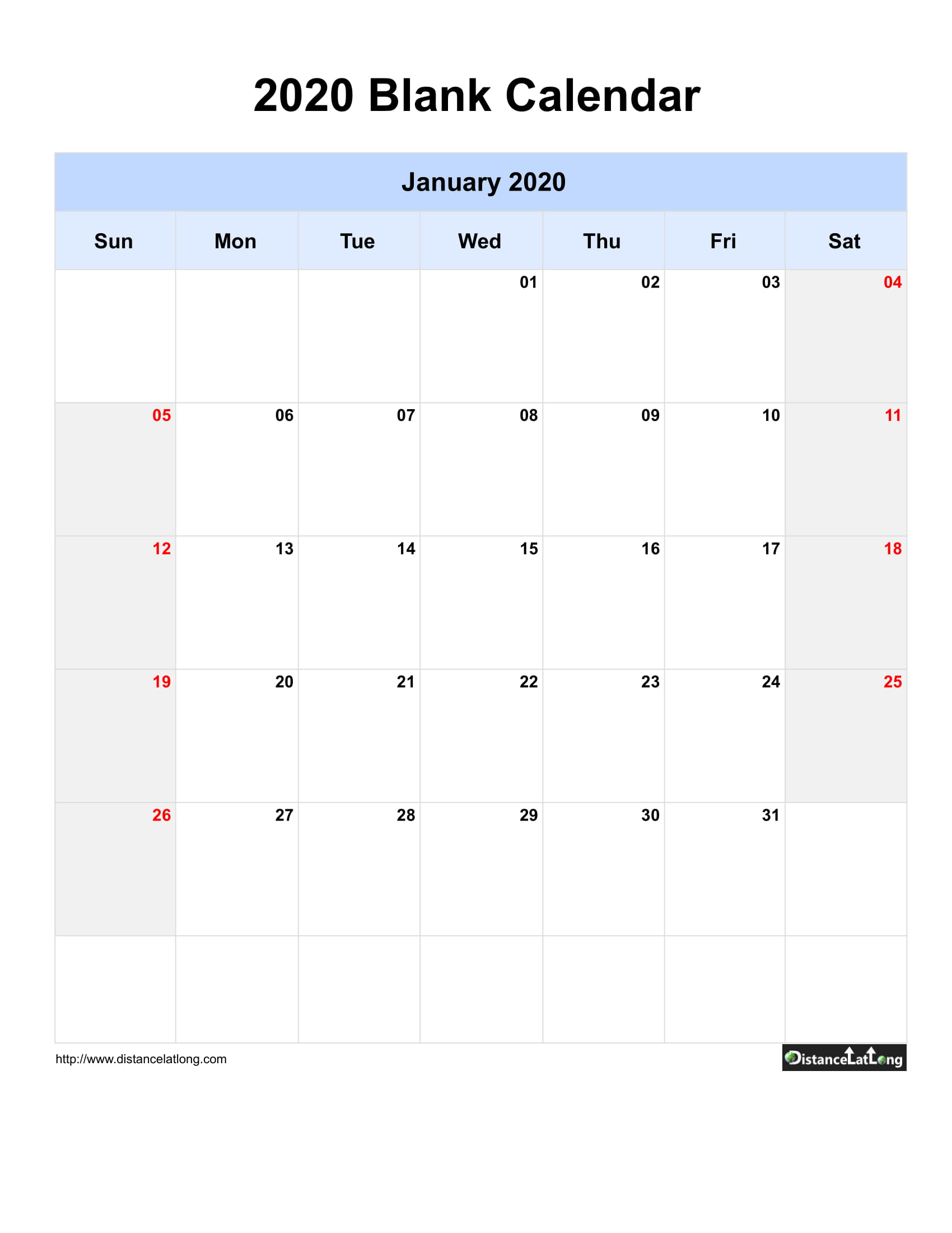 Free Monthly Printable Blank Calendar For January 2020 Monday To Sunday