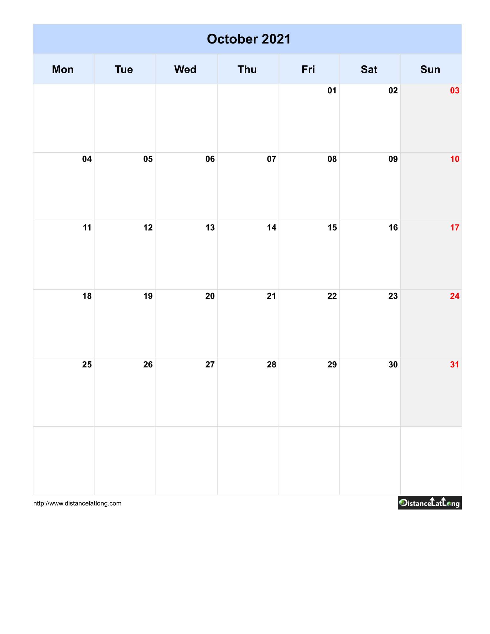 Download Printable Calendar October 2021 Portrait PNG