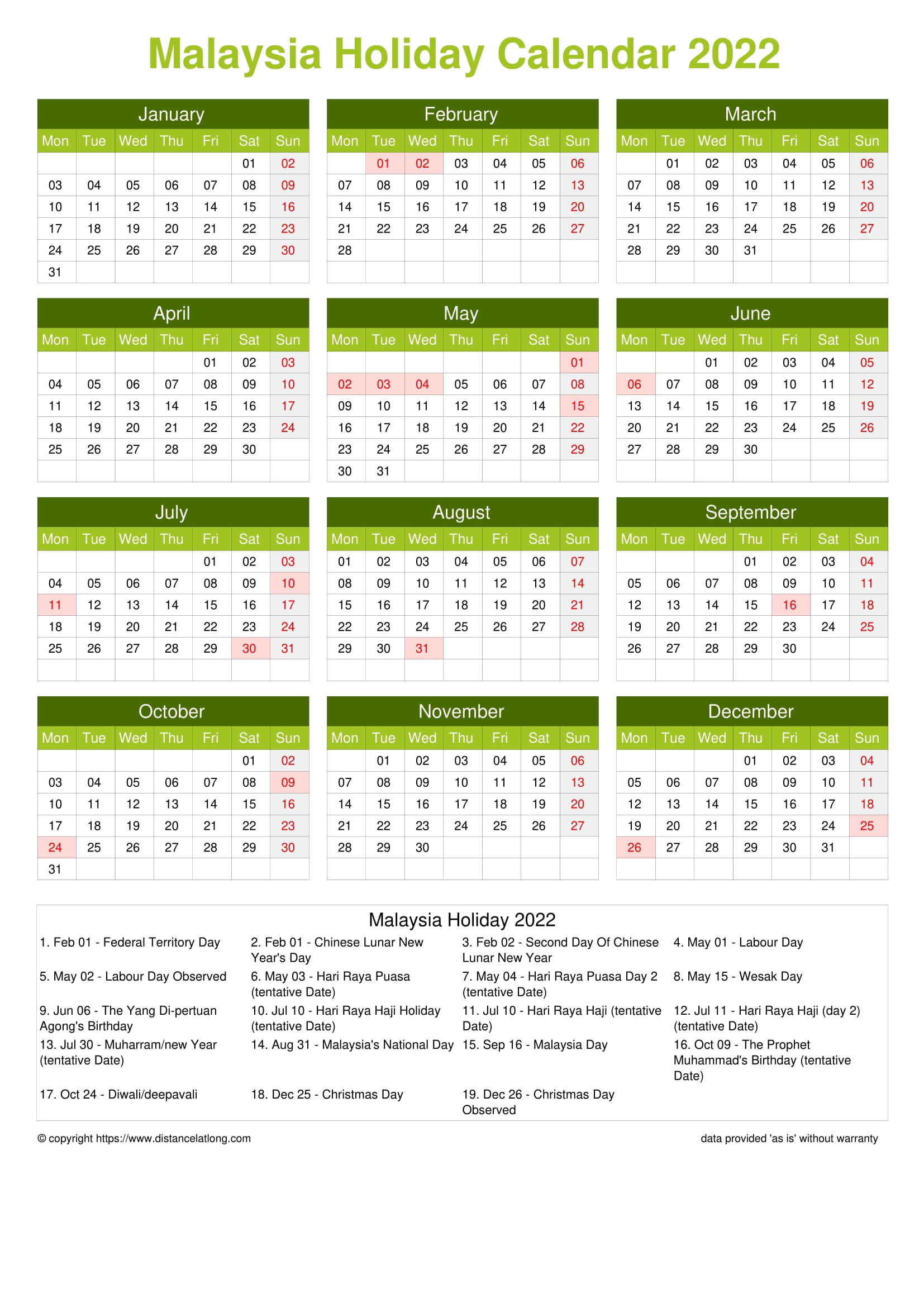 Malaysia 2022 with holidays calendar Malaysia Calendar
