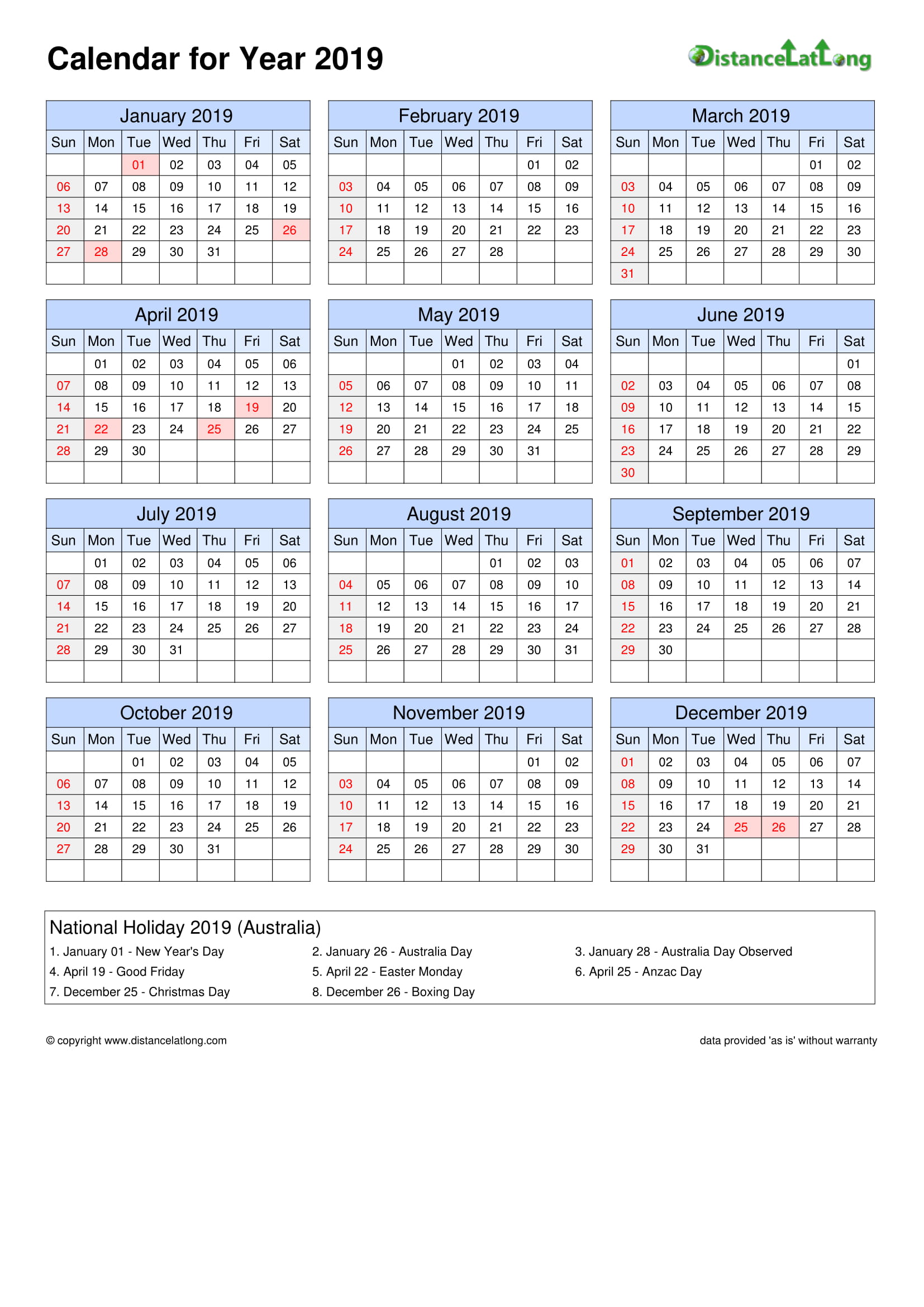 Australia Holiday Calendar 2019 Doc Templates Distancelatlong Com1