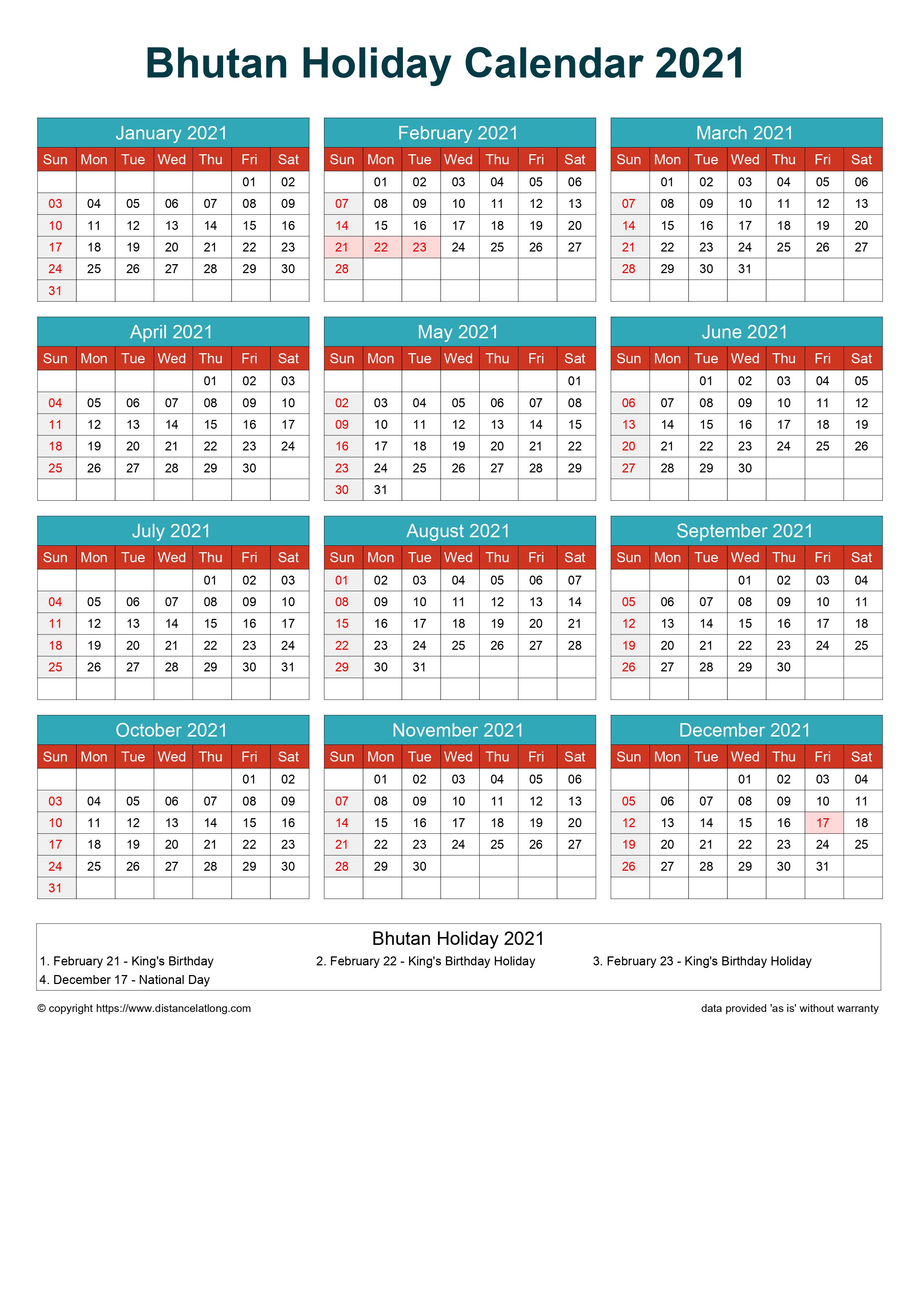 Bhutan Holiday Calendar 2021 JPG Templates