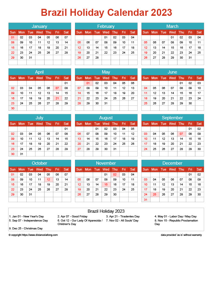 Download Free Printable 2023 Monthly Calendar With Brazil Holidays
