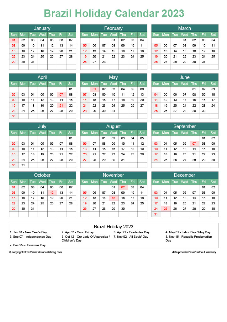Download Free Printable 2023 Monthly Calendar With Brazil Holidays