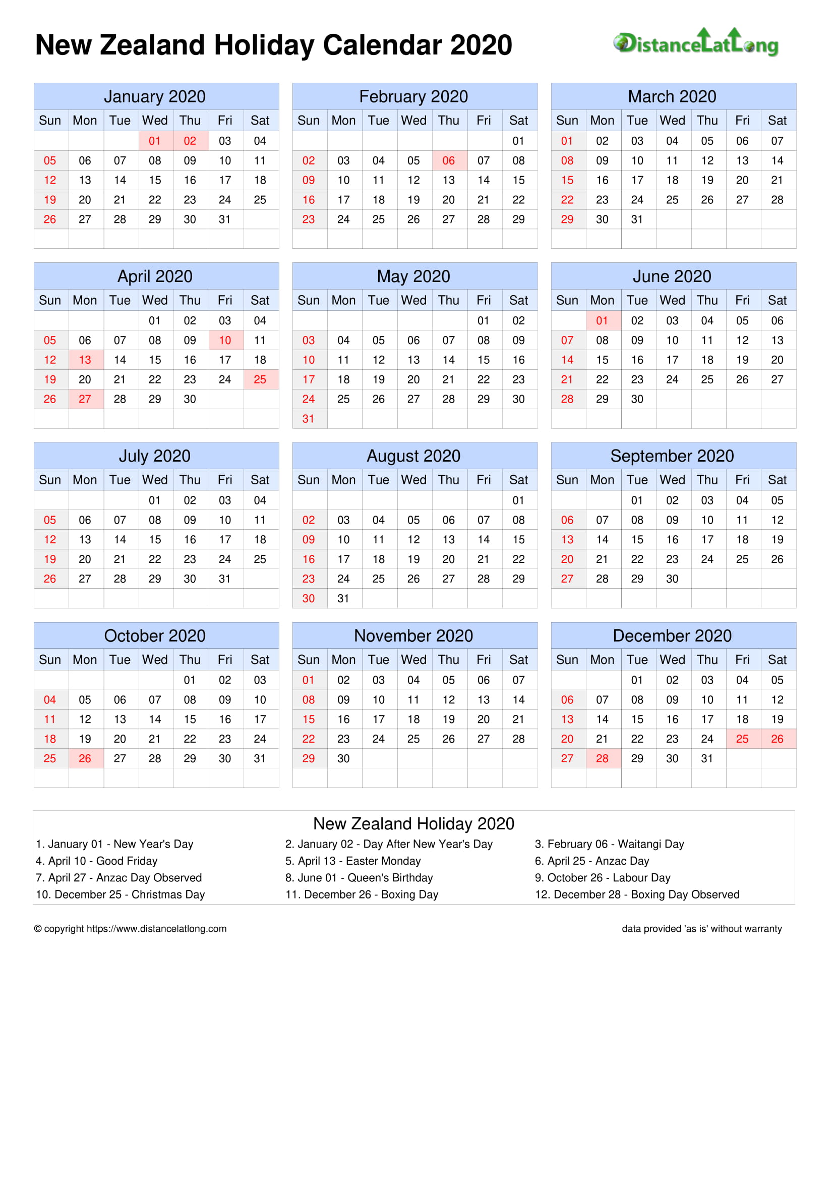 2022 Calendar With New Zealand Holidays Pdf Free Printable Templates