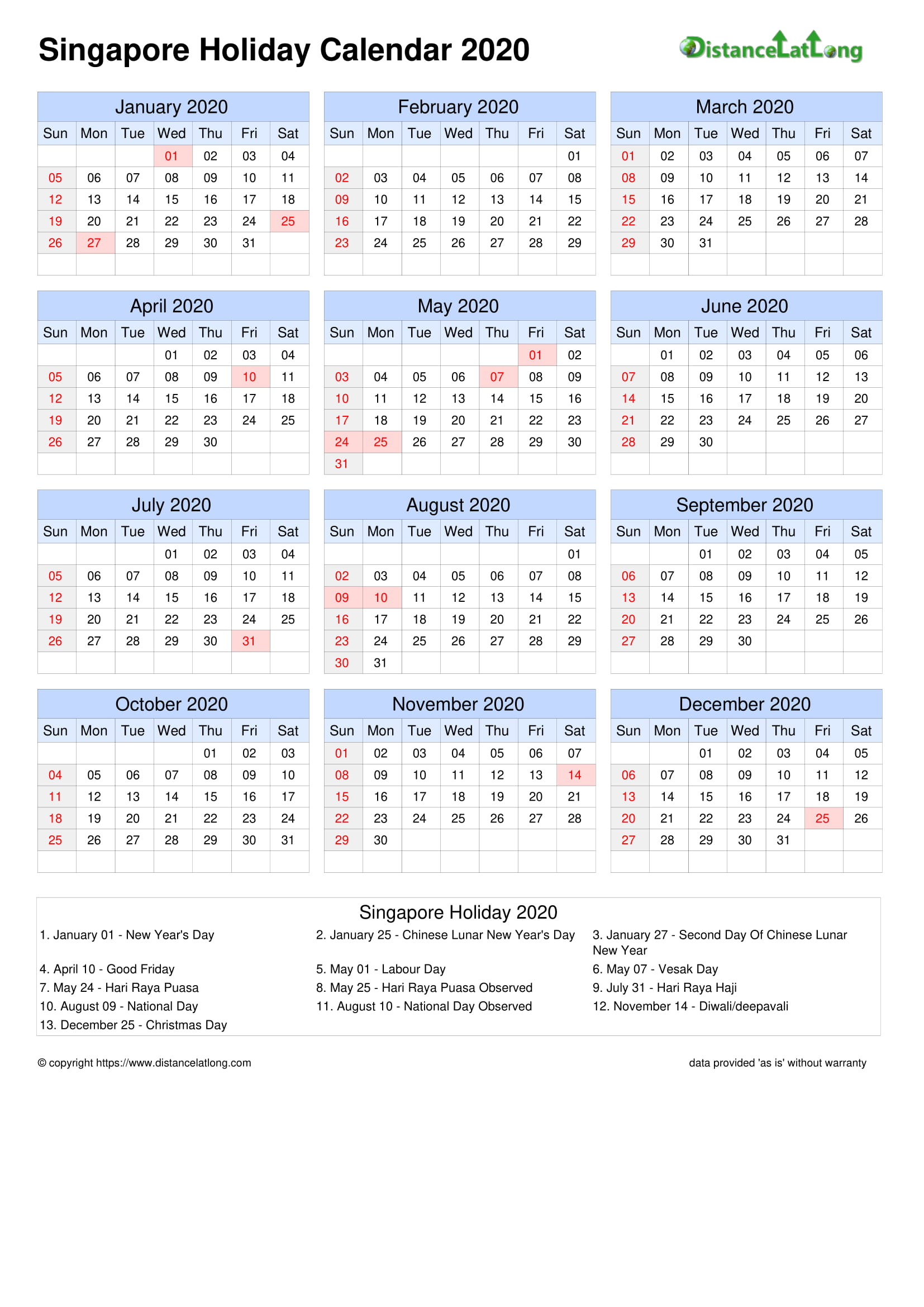 Calendar horizontal grid sunday to saturday bank holiday Singapore A4 portrait 2020