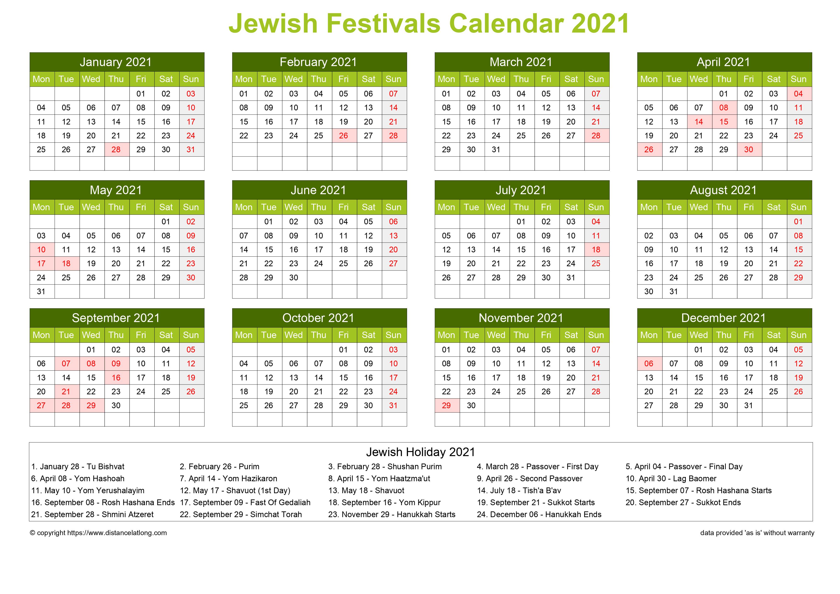 Calendar horizintal grid sunday to saturday Jewish holiday
