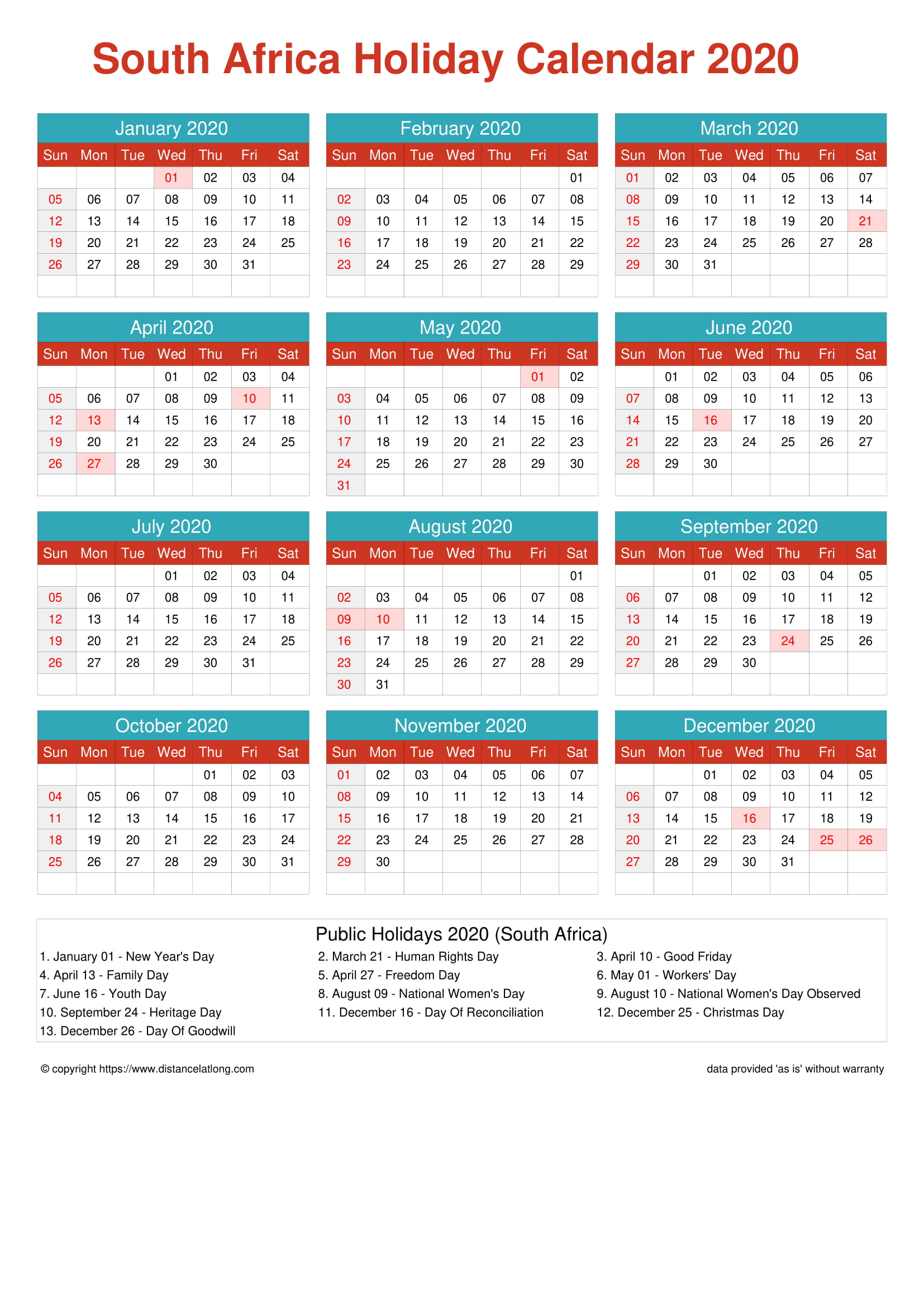 2020 Holidays In South Africa Calendar Template Printable Gambaran