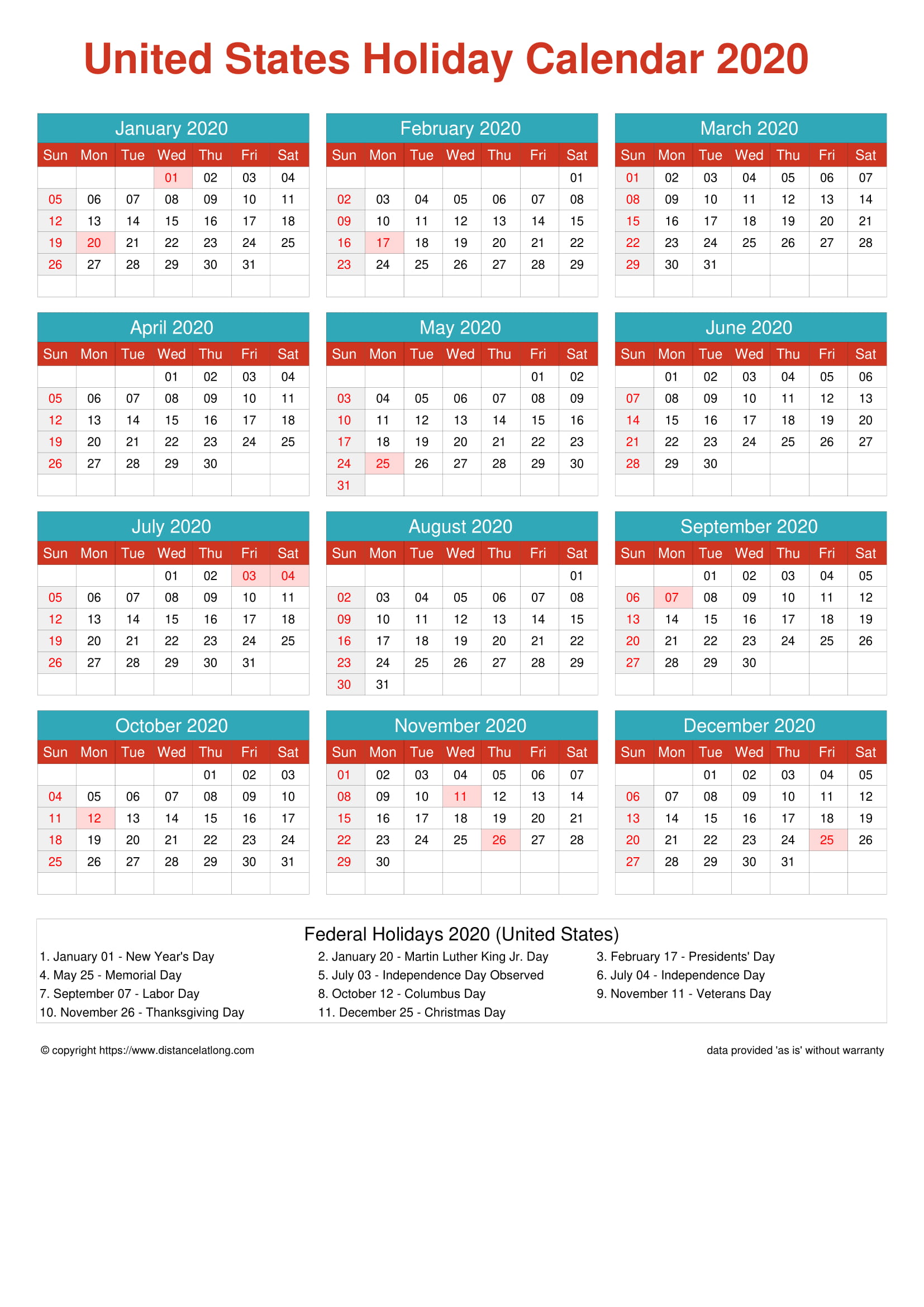 Free United States Holiday Printable Calendar Cheerful Bright Template