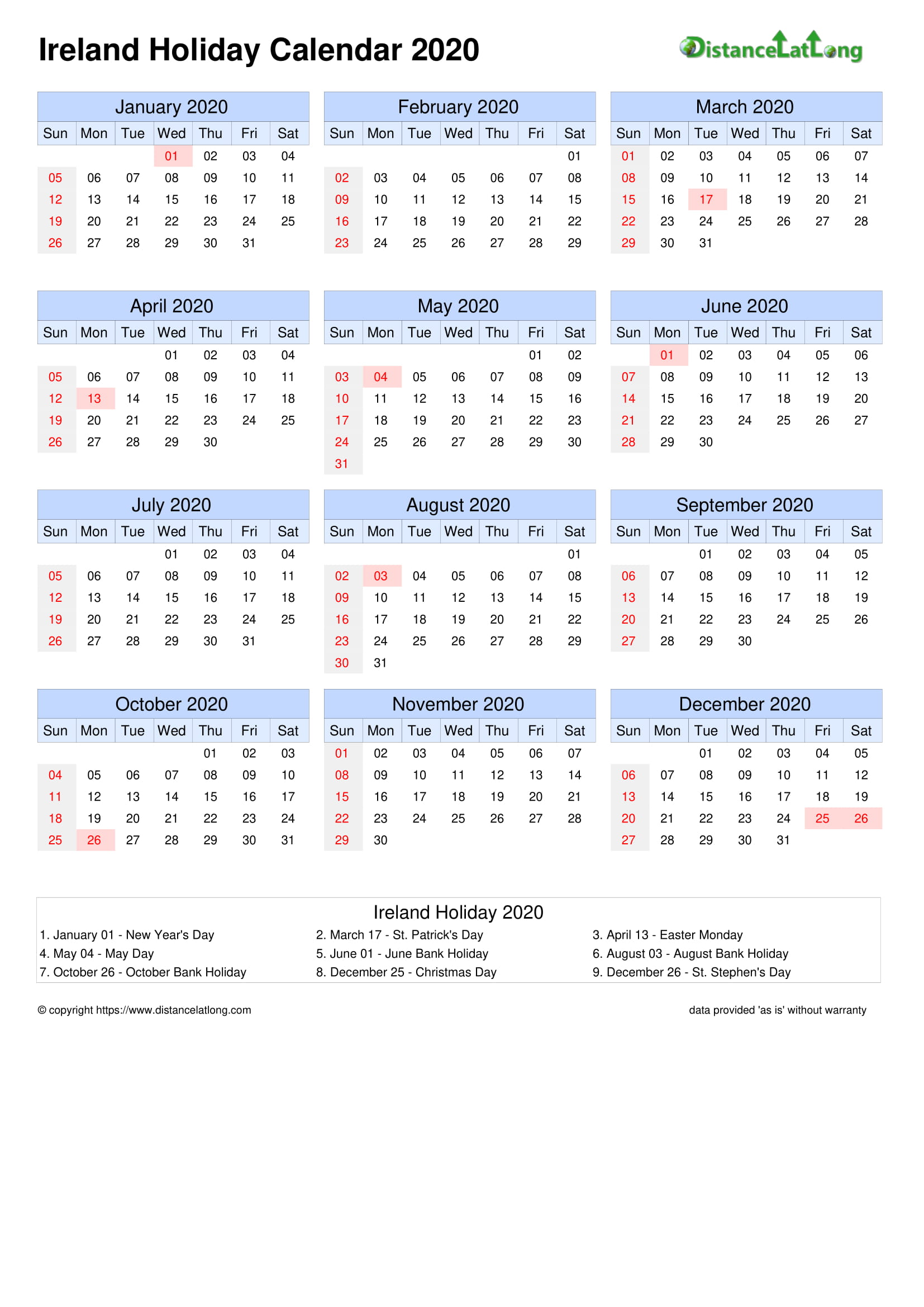 Ireland Holiday Calendar 2020 Jpg Templates Distancelatlong Com1
