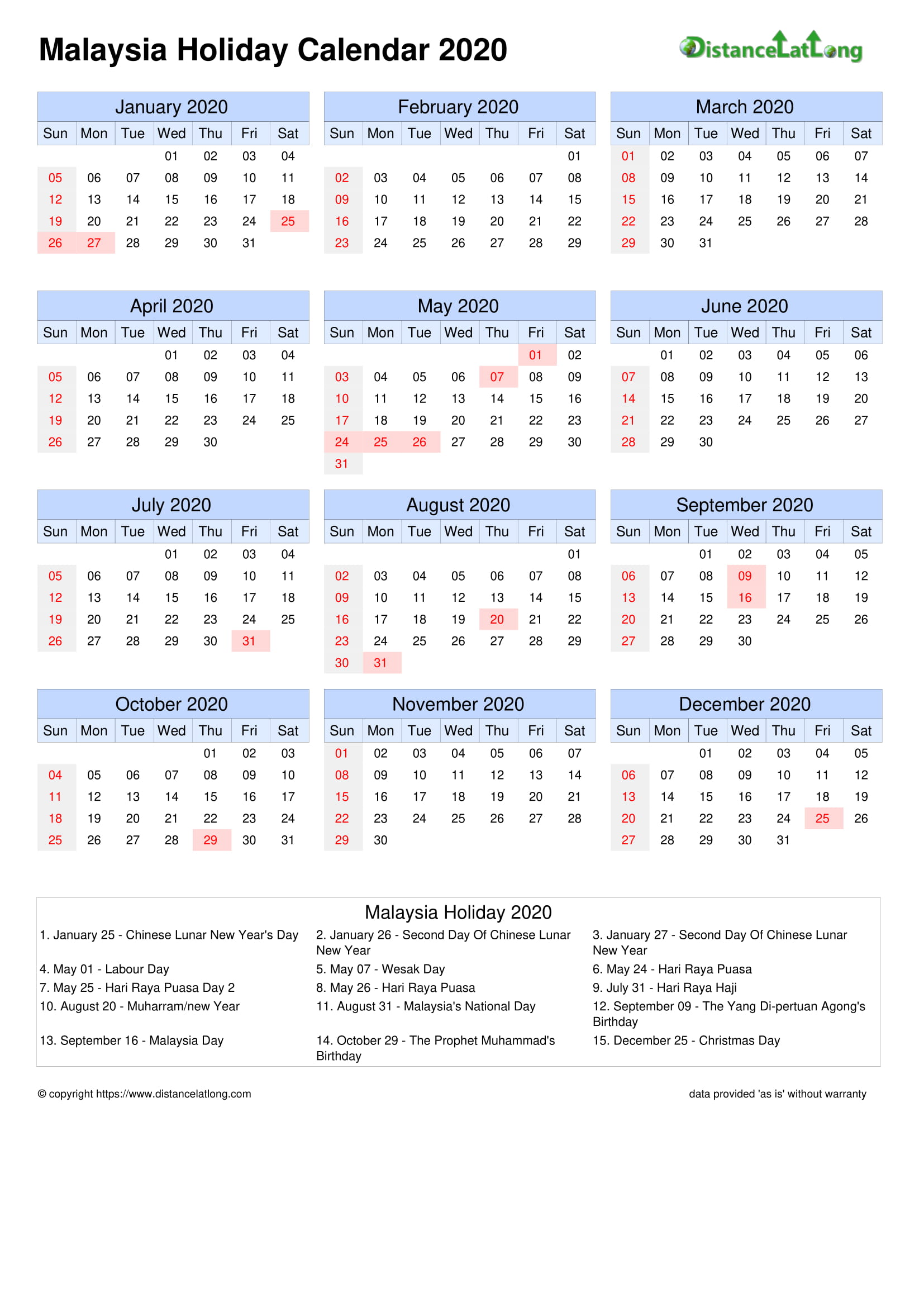12 Month 2020 Printable Calendar Template With Holidays