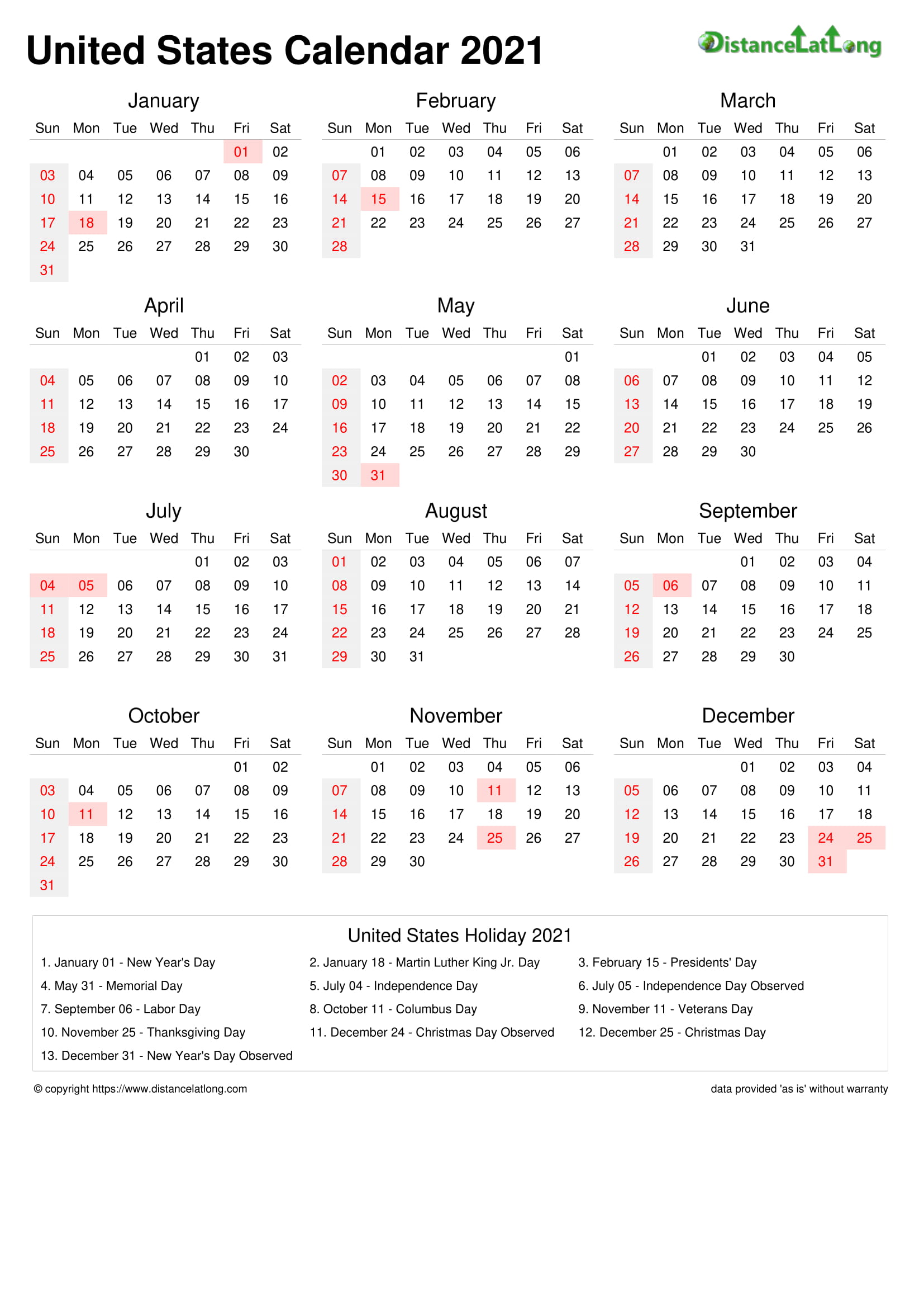 Calendar Horizintal Week Underline Sunday To Saturday Federal Holiday