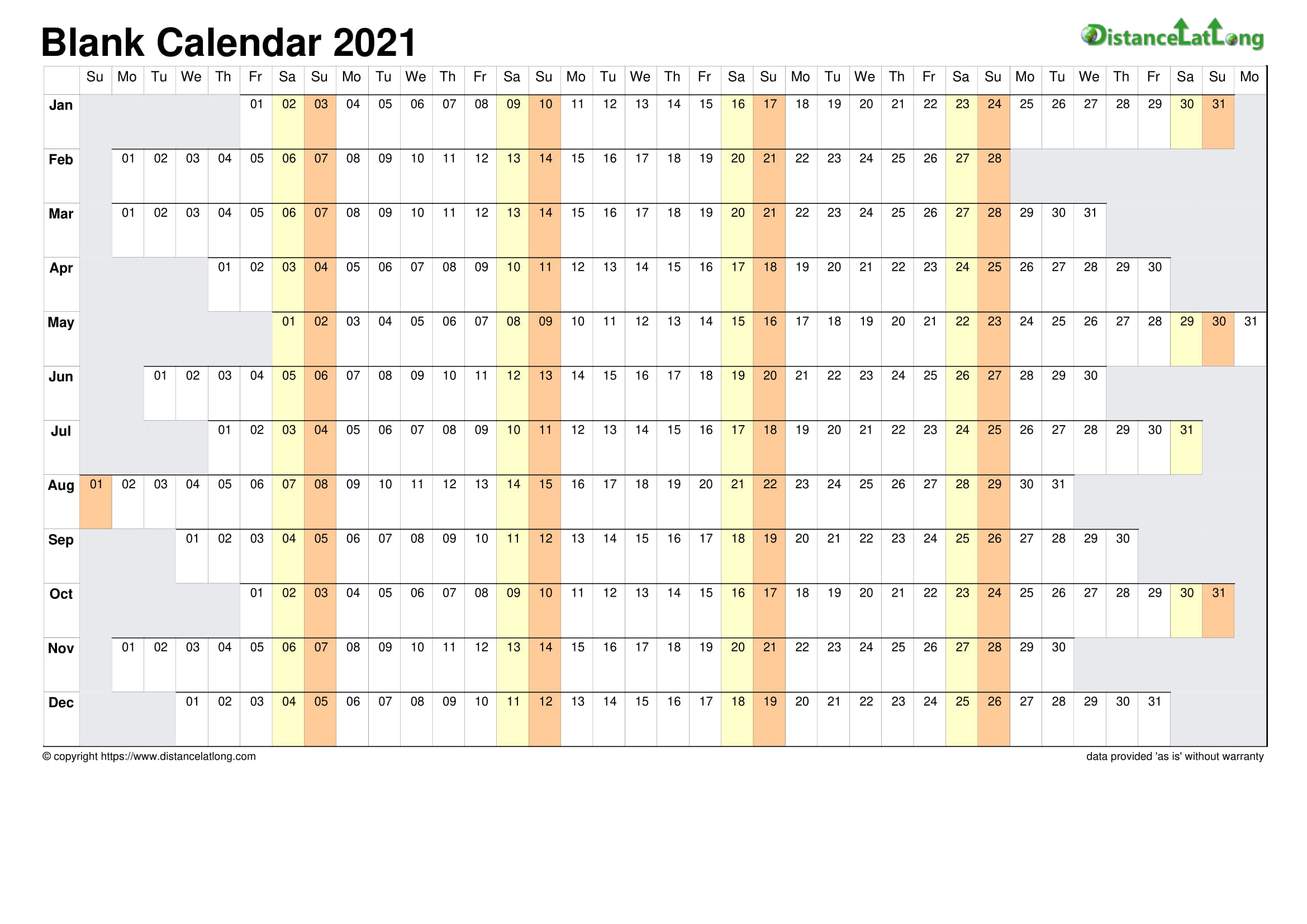 2021 Blank Calendar Blank Landscape Orientation Free Printable