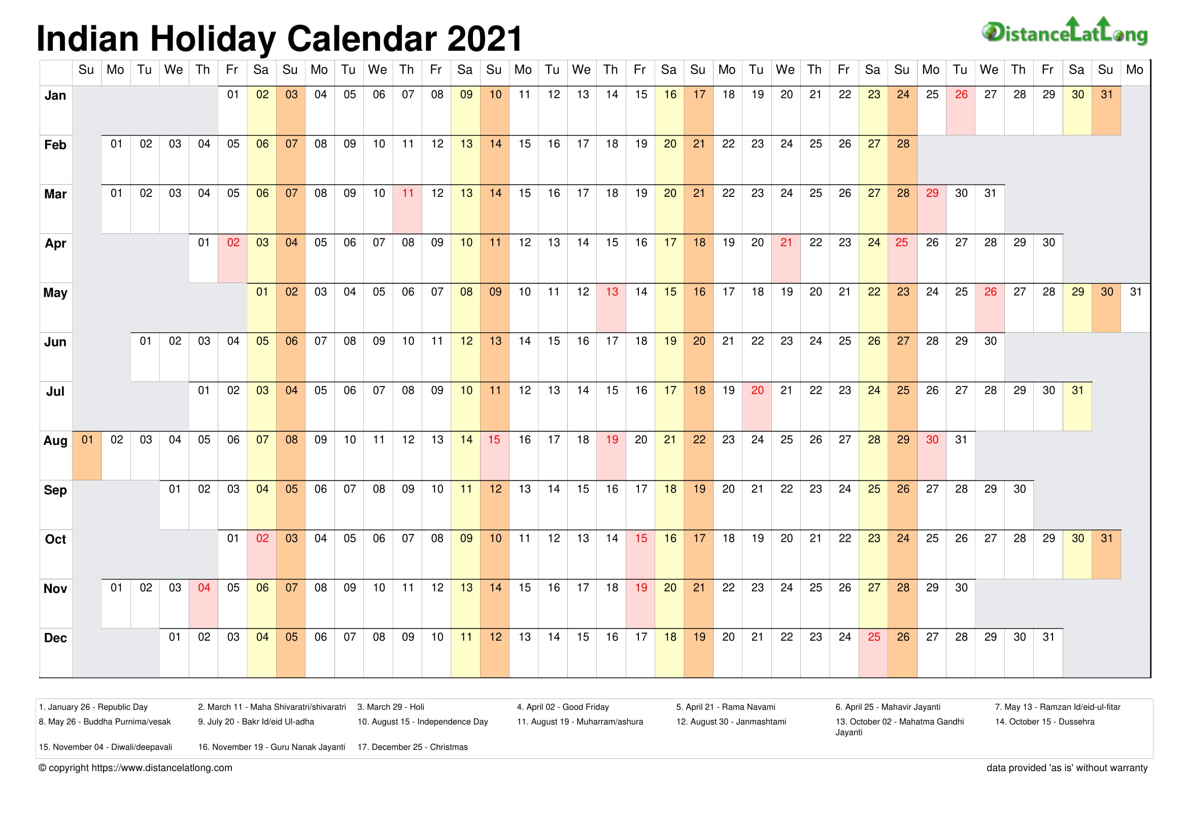 Calendar horizontal column with holiday India 2021