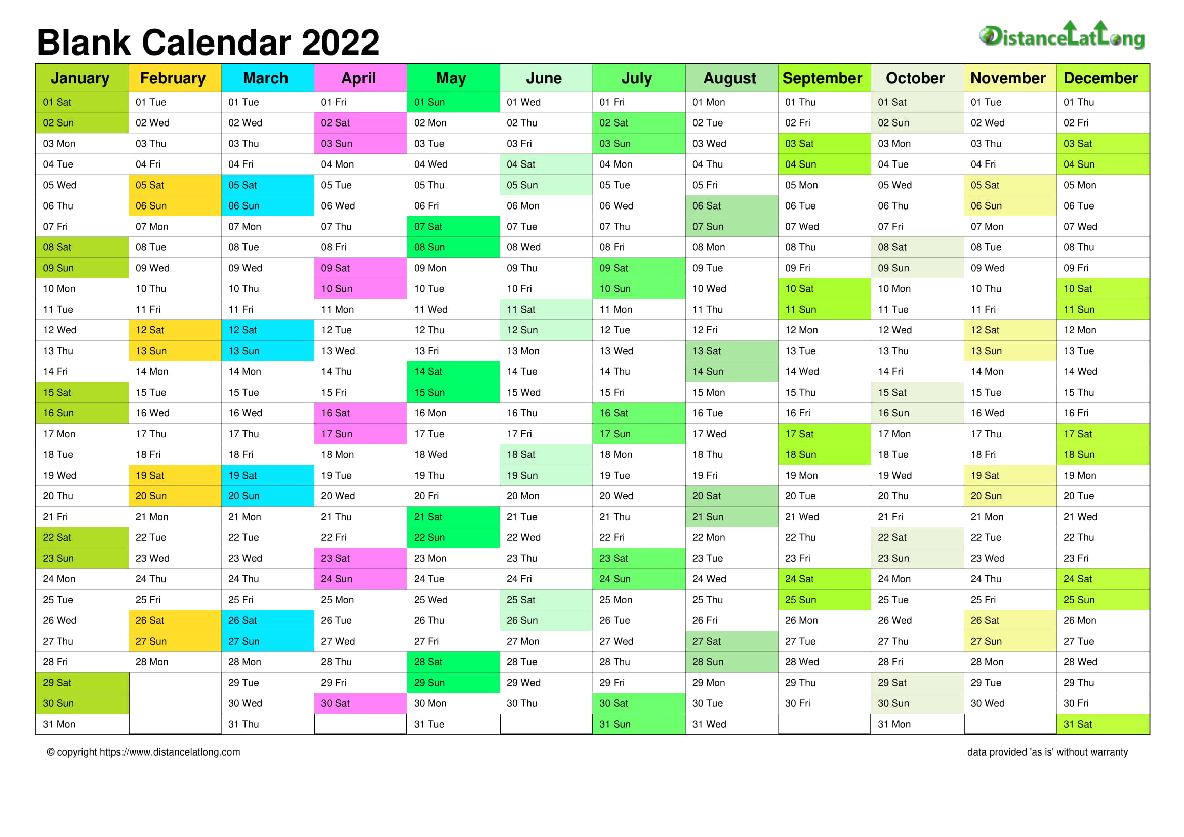 Empty Calendar 2022 2022 Blank Calendar Landscape Orientation Free Printable Templates - Free  Download - Distancelatlong.com