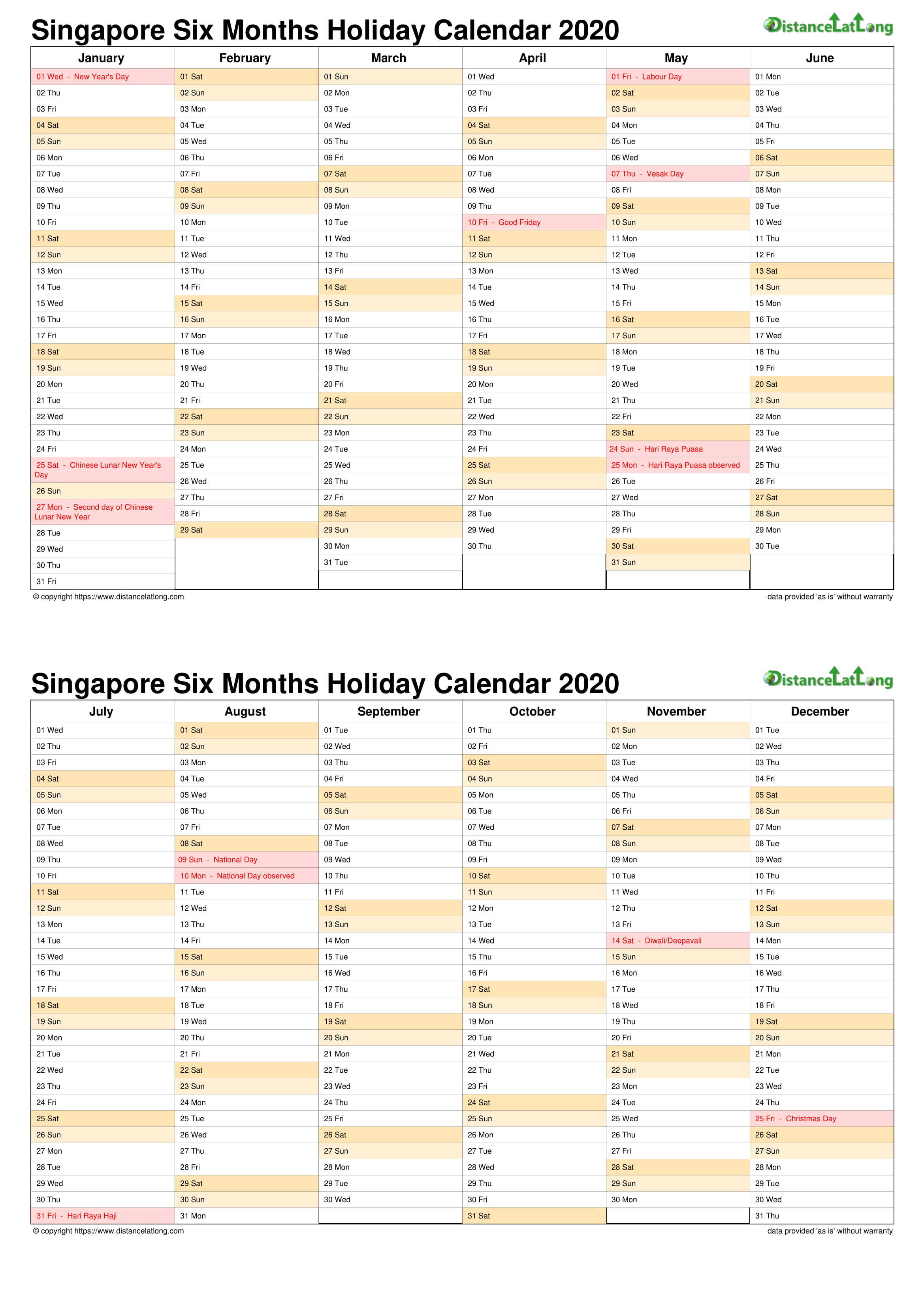 Calendar vertical month holiday Singapore 2 page 2020