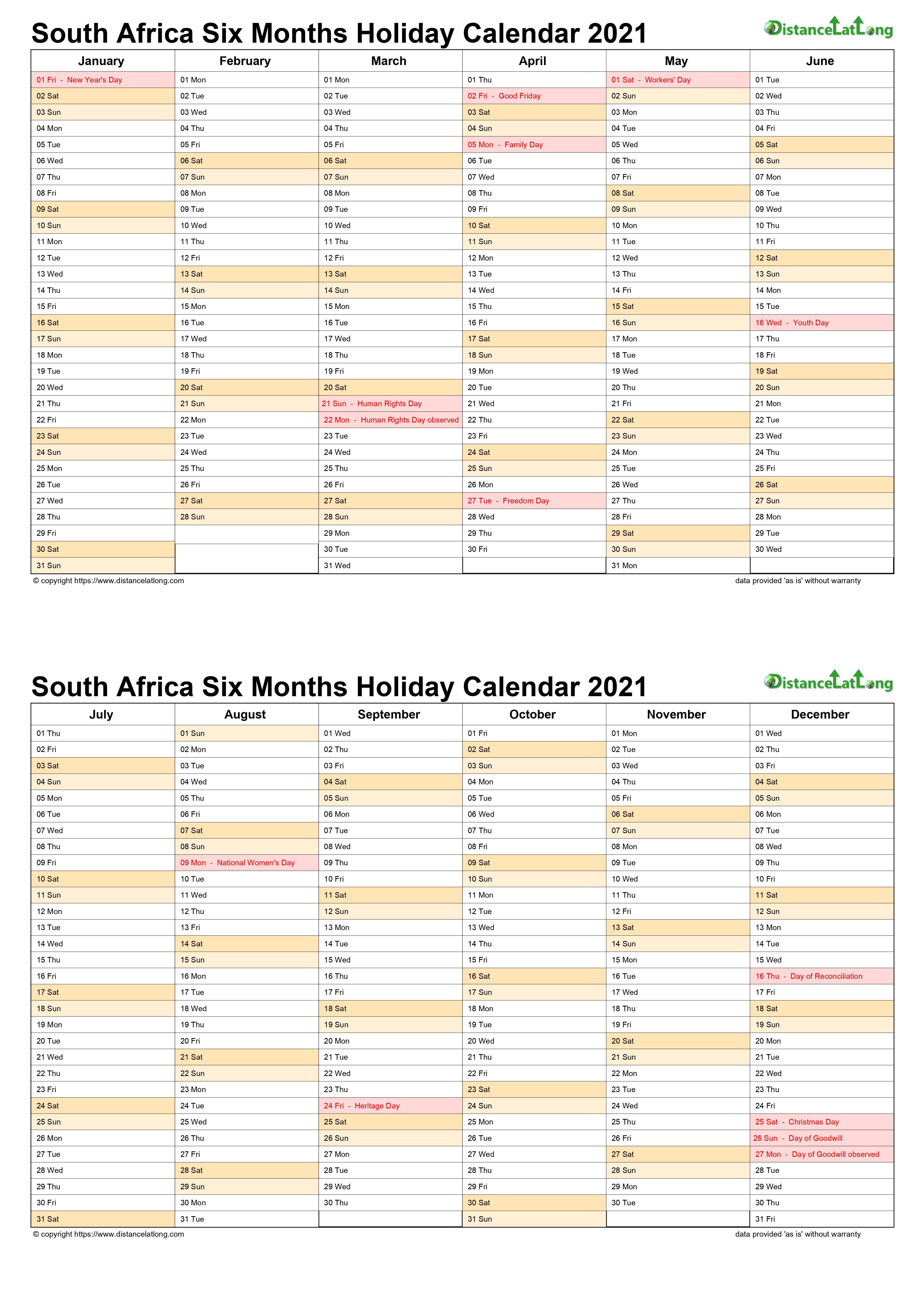 Calendar vertical month holiday South Africa 2 page 2021