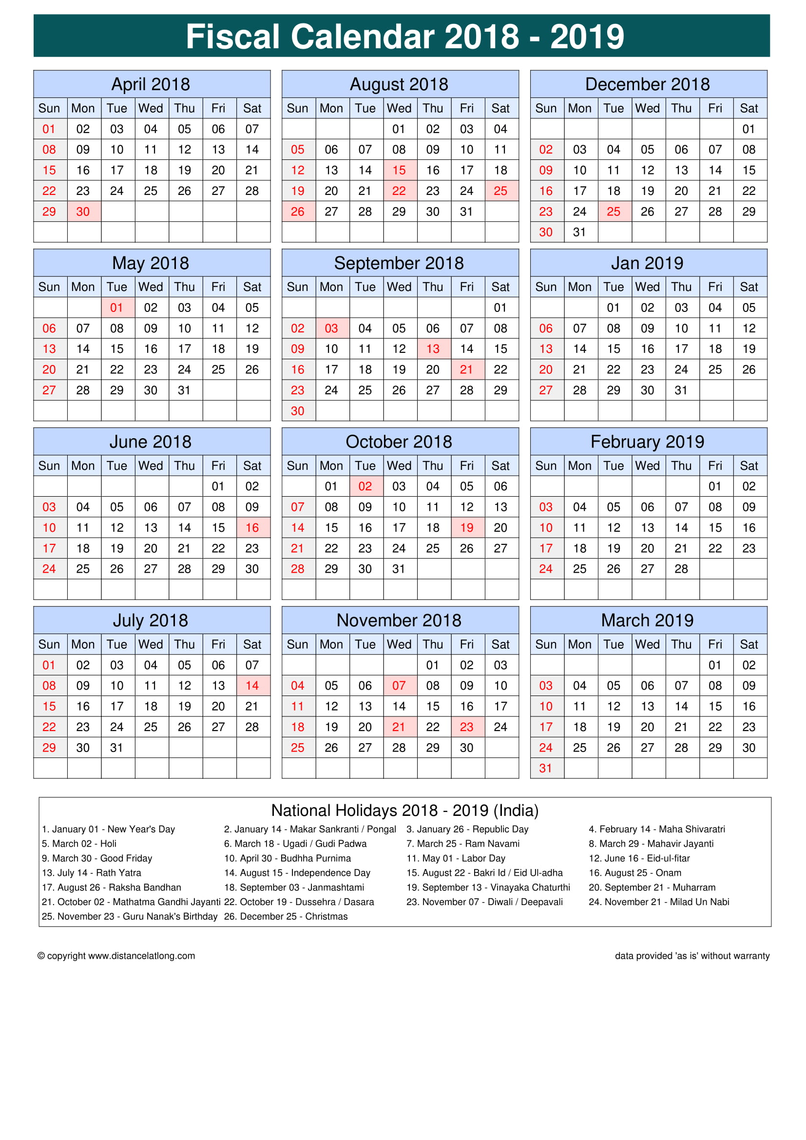 free India fiscal holidays printable calendar template