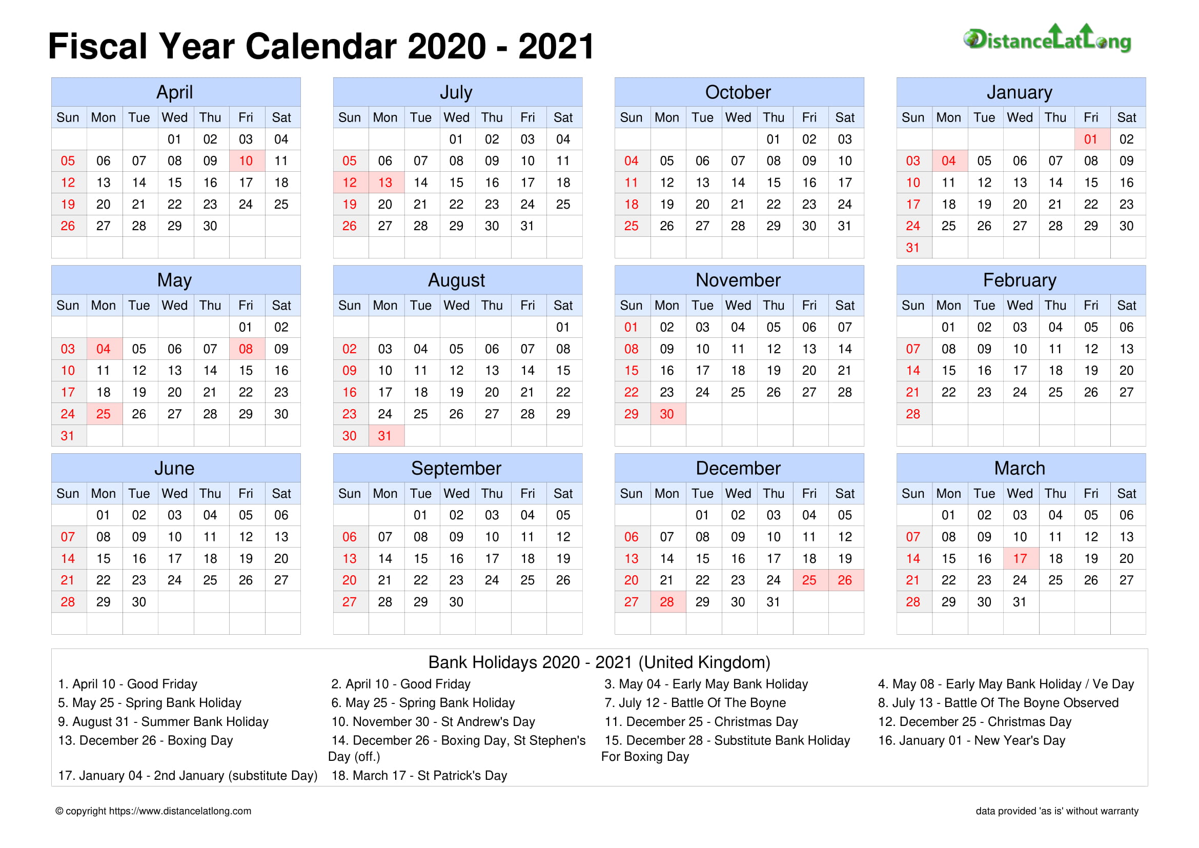 Fiscal Year 2020 2021 Calendar Templates Free Printable Fiscal