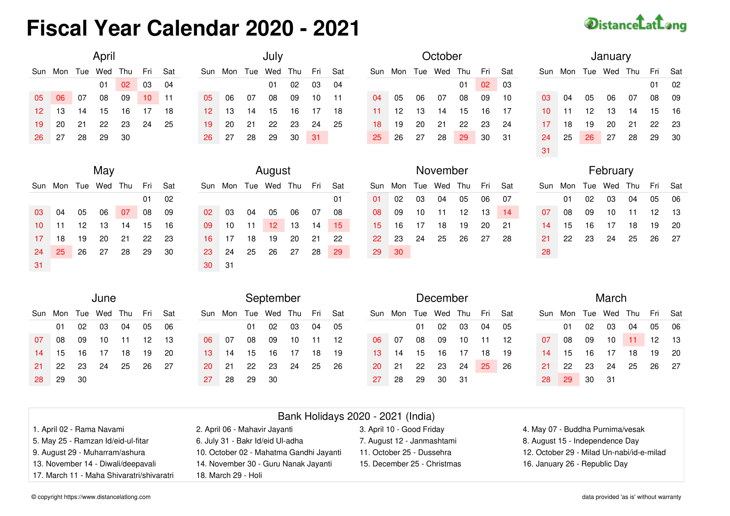 Fiscal Landscape Calendar vertical week month underline