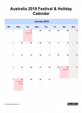 Australia Holiday Calendar 2019 One Month Per Page Mon To Sun Greay Week Day With Weekno