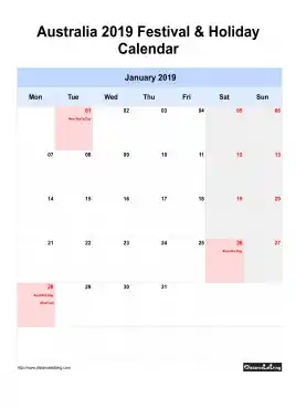 Australia Holiday Calendar 2019 One Month Per Page Mon To Sun Greay Week Day