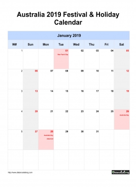 Australia Holiday Calendar 2019 One Month Per Page Sun To Sat Greay Week Day With Weekno