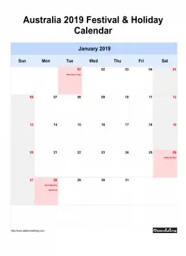 Australia Holiday Calendar 2019 One Month Per Page Sun To Sat Greay Week Day