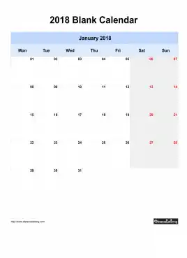 Blank Calendar 2018 One Month Per Page Mon To Sun Greay Week Day
