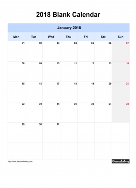 Blank Calendar 2018 One Month Per Page Mon To Sun