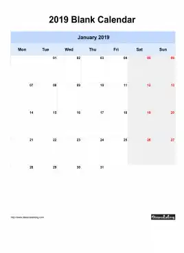 Blank Calendar 2019 One Month Per Page Mon To Sun Greay Week Day
