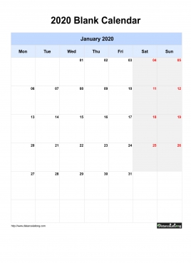 Blank Calendar 2020 One Month Per Page Mon To Sun Greay Week Day