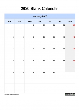 Blank Calendar 2020 One Month Per Page Mon To Sun