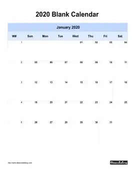 Blank Calendar 2020 One Month Per Page Sun To Sat With Weekno