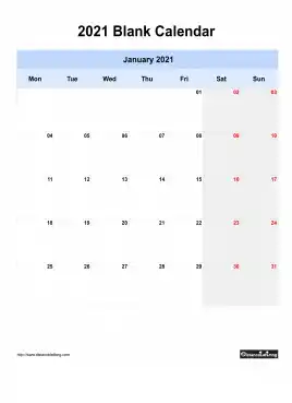 Blank Calendar 2021 One Month Per Page Mon To Sun Greay Week Day