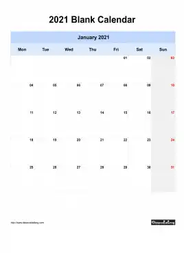 Blank Calendar 2021 One Month Per Page Mon To Sun