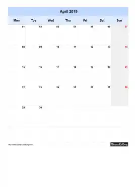 Blank Calendar April 2019 One Month Per Page Mon To Sun