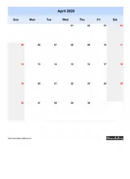 Blank Calendar April 2020 One Month Per Page Sun To Sat