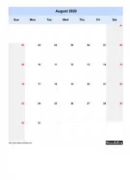 Blank Calendar August 2020 One Month Per Page Sun To Sat