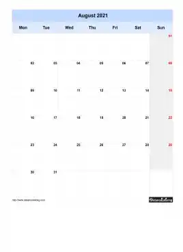 Blank Calendar August 2021 One Month Per Page Mon To Sun