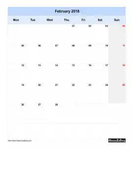 Blank Calendar February 2018 One Month Per Page Mon To Sun