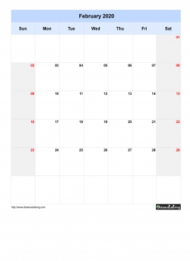 Blank Calendar February 2020 One Month Per Page Sun To Sat