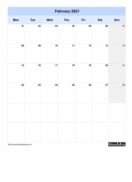 Blank Calendar February 2021 One Month Per Page Mon To Sun