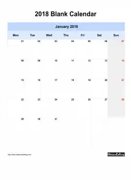 Blank Calendar January 2018 One Month Per Page Mon To Sun