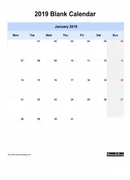 Blank Calendar January 2019 One Month Per Page Mon To Sun