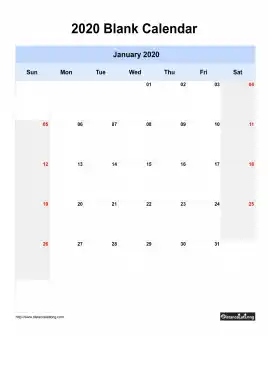 Blank Calendar January 2020 One Month Per Page Sun To Sat