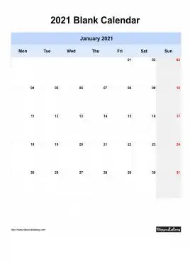 Blank Calendar January 2021 One Month Per Page Mon To Sun