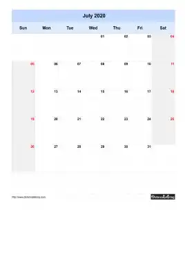 Blank Calendar July 2020 One Month Per Page Sun To Sat