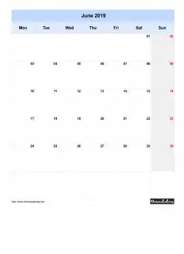 Blank Calendar June 2019 One Month Per Page Mon To Sun