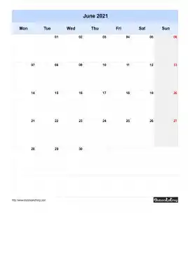 Blank Calendar June 2021 One Month Per Page Mon To Sun