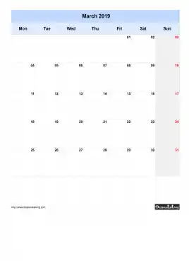 Blank Calendar March 2019 One Month Per Page Mon To Sun